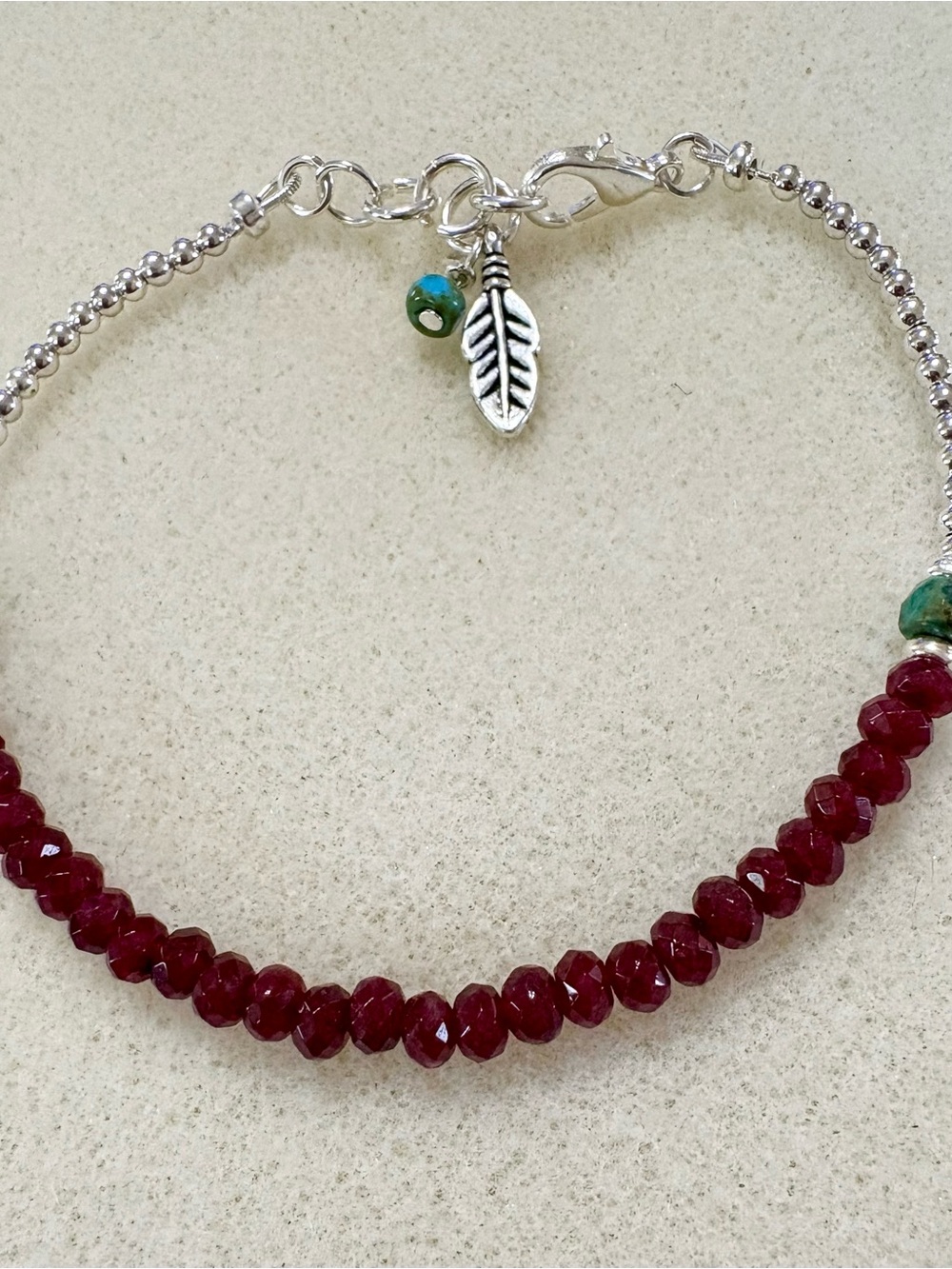 Deep Red Garnet and Turquoise Beaded Bracelet with Silver Leaf Charm